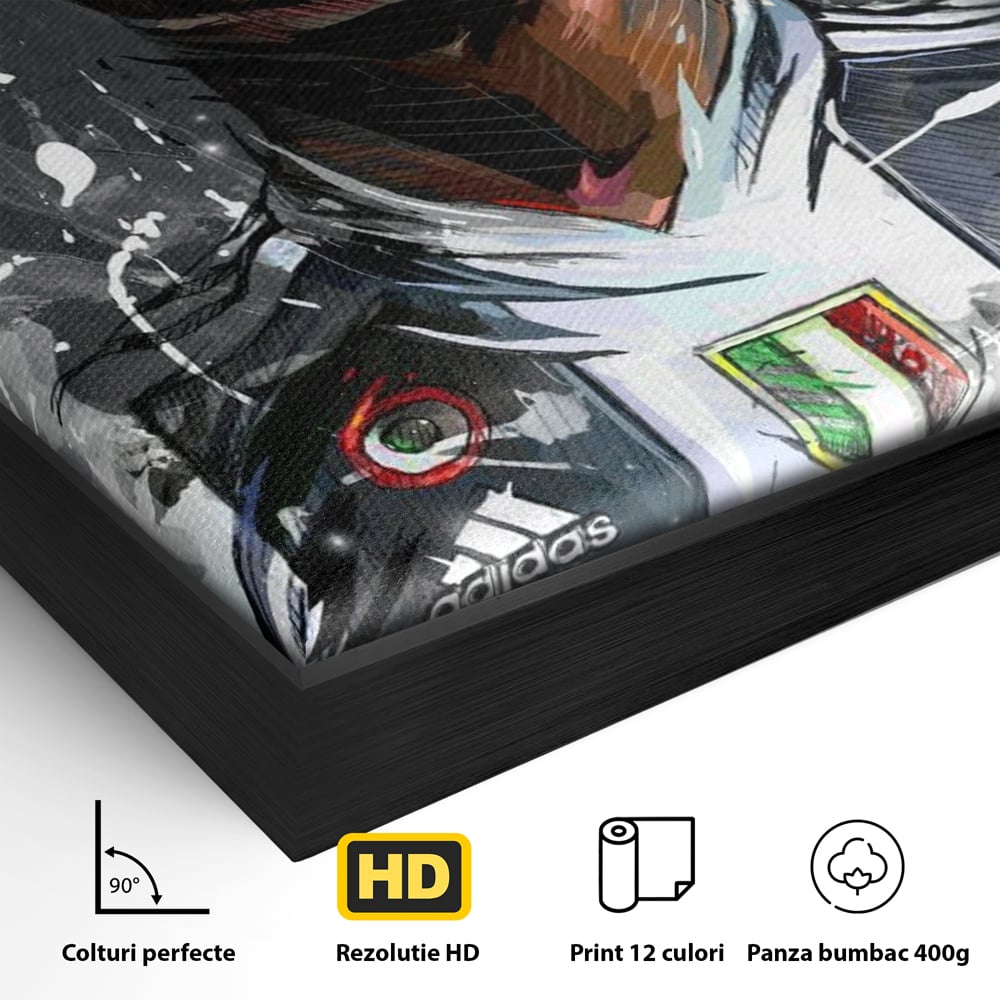 Detaliu al suprafetei: tablou portret cristiano ronaldo juventus, in rama de aluminiu negru